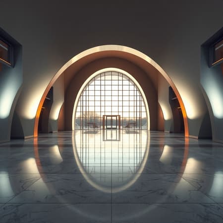 Modern minimalist architectural photography featuring a striking illuminated grand entrance with sweeping curved light panels forming a majestic arch. The symmetrical frontal view is perfectly centered with a captivating vanishing point perspective, captured through a wide-angle lens from a low angle shot during the golden hour. The scene is enhanced by a reflective marble floor with subtle wet surface reflections that add depth. Dramatic architectural lighting highlights the structural details, while a grid pattern of sleek glass panels complements the contemporary urban setting. Rendered in photorealism, the image showcases rich detailing and slight creative elements, maintaining the mesmerizing essence of the original vision.