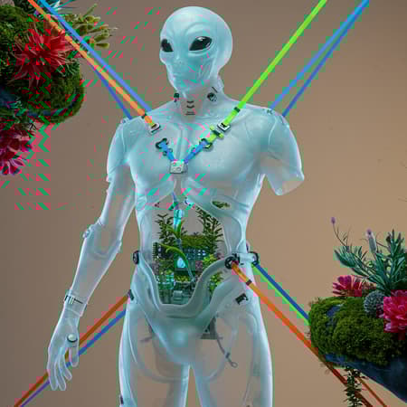 A futuristic photoshoot showcasing an advanced, alien full armor, suspended and displayed with vibrant, crisscrossing mooring straps that dominate the composition. The armor is crafted from translucent, frosted material with a matte finish, offering a smooth surface and soft, cloudy translucency that gently reveals the interior, although slightly blurred. Inside, bioluminescent plants and minimal electronic components emit soft hues of blue and purple, adding a harmonious fusion of biotechnological and organic elements. The armor's design is abstract and avant-garde, shifting away from traditional humanoid forms. It features elongated, flowing curves, irregular geometric patterns, and unexpected, organic joints, evoking an alien-like structure. The sleek exterior lacks a humanoid outline, suggesting a futuristic, imaginative design that's fluid and unconventional. The semi-translucent material provides a faint glimpse into the interior where plants and components are subtly blurred, enhancing the armor's ethereal presence. Suspended in mid-air, the armor is secured by vibrant mooring straps in electric blue, neon orange, and vivid green, contrasting sharply with the soft matte finish of the armor. These straps, securing the piece like a high-end art installation, create a striking juxtaposition between the sleek, futuristic design of the armor and the practical nature of the mooring system. The background is minimalist, featuring neutral tones and soft gradients, keeping the focus on the armor. Organic elements like moss, exotic plants, and alien-like flora in vibrant reds, magentas, and cyans subtly enhance the futuristic design. This juxtaposition adds a touch of nature and life to the otherwise clean and technological aesthetic. The camera angle is unconventional, extremely close to the armor, providing an in-depth view of its intricate details, the texture of the frosted material, and the crisscrossing mooring straps. The lighting is soft yet precise, creating gentle reflections on the armor's surface while emphasizing the glow of the plants, the minimalist structure, and the bold, bright straps. Captured in ultra-realistic, hyper-detailed 35mm photography style, the shot evokes the feel of a high-tech fashion magazine photoshoot, with every detail sharp and vivid, immersing the viewer in this futuristic display. Technology art magazine. Artsy composition. A futuristic photoshoot showcasing an advanced, alien full armor, suspended and displayed with vibrant, crisscrossing mooring straps that dominate the composition. The armor is crafted from translucent, frosted material with a matte finish, offering a smooth surface and soft, cloudy translucency that gently reveals the interior, although slightly blurred. Inside, bioluminescent plants and minimal electronic components emit soft hues of blue and purple, adding a harmonious fusion of biotechnological and organic elements. The armor's design is abstract and avant-garde, shifting away from traditional humanoid forms. It features elongated, flowing curves, irregular geometric patterns, and unexpected, organic joints, evoking an alien-like structure. The sleek exterior lacks a humanoid outline, suggesting a futuristic, imaginative design that's fluid and unconventional. The semi-translucent material provides a faint glimpse into the interior where plants and components are subtly blurred, enhancing the armor's ethereal presence. Suspended in mid-air, the armor is secured by vibrant mooring straps in electric blue, neon orange, and vivid green, contrasting sharply with the soft matte finish of the armor. These straps, securing the piece like a high-end art installation, create a striking juxtaposition between the sleek, futuristic design of the armor and the practical nature of the mooring system. The background is minimalist, featuring neutral tones and soft gradients, keeping the focus on the armor. Organic elements like moss, exotic plants, and alien-like flora in vibrant reds, magentas, and cyans subtly enhance the futuristic design. This juxtaposition adds a touch of nature and life to the otherwise clean and technological aesthetic. The camera angle is unconventional, extremely close to the armor, providing an in-depth view of its intricate details, the texture of the frosted material, and the crisscrossing mooring straps. The lighting is soft yet precise, creating gentle reflections on the armor's surface while emphasizing the glow of the plants, the minimalist structure, and the bold, bright straps. Captured in ultra-realistic, hyper-detailed 35mm photography style, the shot evokes the feel of a high-tech fashion magazine photoshoot, with every detail sharp and vivid, immersing the viewer in this futuristic display. Technology art magazine. Artsy composition.