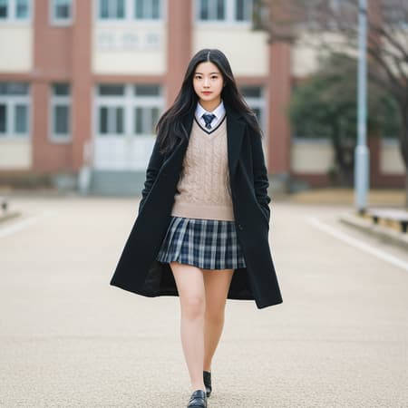 A charming 18-year-old girl in a school uniform, featuring a cozy vest sweater, smart coat, and a plaid mini skirt, showcasing her curvy figure. Her long black hair cascades smoothly, bringing a sense of serenity. The scene is depicted in soothing tones and muted colors, yet with high contrast and saturation that emphasize her presence. She strolls gracefully across the school grounds, exuding a calm and confident demeanor amidst the environment.