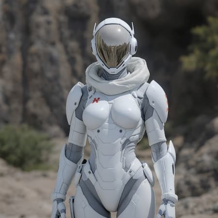 White sci-fi female armor featuring a sleek cybernetic helmet, full-body insulated design resembling a futuristic spacesuit, intricate detailing on every surface, evoking a high-concept sci-fi movie aesthetic. The character, with a gracefully bald head, stands in an outdoor setting, captured in natural light enhancing the photorealism and cinematic quality. The scene is framed in a third-person perspective, utilizing advanced ray tracing techniques to achieve the highest level of detail and quality, resulting in an immersive and visually stunning image.