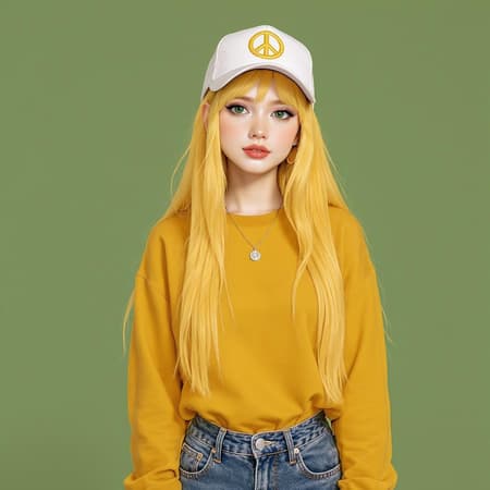 Detailed Digital A highly detailed and beautiful digital character portrait of a 20-year-old girl with long, straight sunburst yellow hair. She has dark emerald green eyes set against an almond green background. Her simple clothes include a dark banana yellow shirt and jeans, complemented by golden earrings and a silver necklace. The scene captures a sense of maturity and self-awareness. The artwork is rendered in 8k, emphasizing subtle details and making it a trending piece on art platforms. Elements of whimsy are shown through creative touches like an unexpected peace sign on a cap. The artwork avoids any surreal distortions or exaggerated features, focusing instead on a natural and harmonious representation.