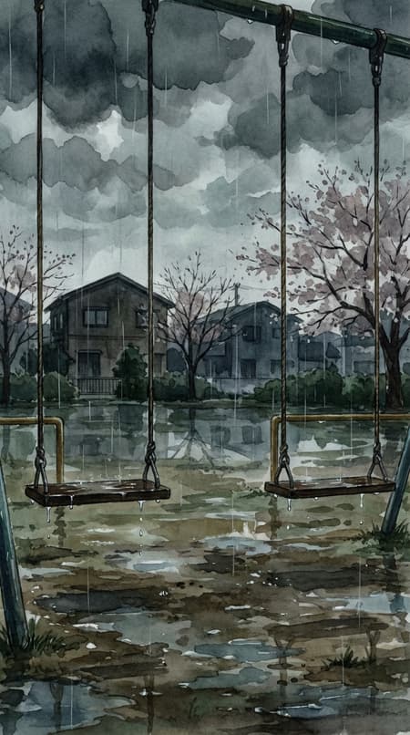 Anime style watercolor painting of a rainy day in a Japanese park. Two empty swings in the foreground, wet wooden seats with water dripping, looking towards residential houses in the background. Puddles reflecting the cloudy sky and surrounding scenery on the muddy ground. Overcast lighting, somber mood. Soft, muted greens, browns, and grays with hints of blue. Detailed raindrops, wet textures, dark clouds. Vertical composition.