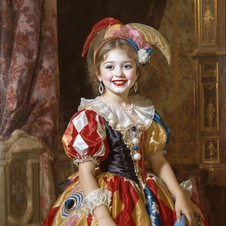Girl Dressed Clown, Art A joyful girl dressed as a harlequin clown, her face adorned with a bright, cheerful smile, radiates charm and innocence. She stands gracefully in a colorful, intricately designed attire that reflects the lively spirit of a Venetian carnival. The scene is depicted in high resolution, capturing every minute detail with hyper-realistic precision. This beautiful painting, inspired by Daniel F Gerhartz, presents a full-body portrait that brings the whimsical, enchanting atmosphere of the carnival to life, emphasizing the delightful blend of tradition and playful elegance.