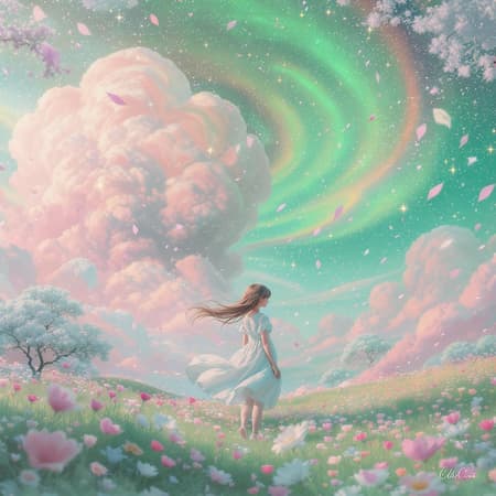 Candy world Disneyland ethereal soft fluffy landscape forest snow avatar pastel pink sky green blue sparkle ethereal light whimsical light rainbow stars diamonds sparkle gemstone background hyper-realistic ultra quality cinematic lighting immense detail full HD painting well-lit diagonal bangs collared dress, masterpiece best quality real skin, 1 girl with blunt bangs and long hair, incorporating a serene meadow with delicate pastel flowers, subtle glimmers of fairy dust in the air, and a gentle breeze adding motion to her flowing hair.