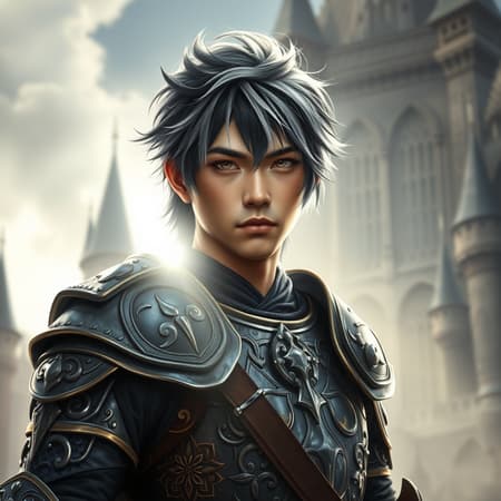 Medieval fantasy portrait of a strikingly handsome male Asian warrior clad in ornate armor. His black and silver hair cascades around his shoulders, catching the bright morning light that streams from the side. His eyes glow with an electric intensity, hinting at a formidable and unpredictable nature. He's poised before an imposing fantasy castle, exuding a powerful and enigmatic aura.