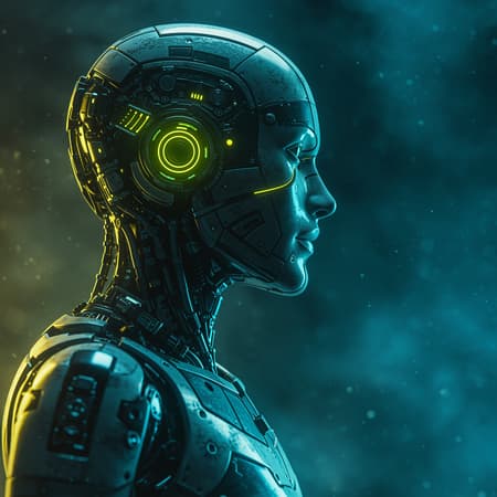 Create a scene featuring a side view of a half-mechanical figure with intricate system hardware, capturing a hyper-detailed robotic form. The gaze is intense in a sci-fi, moody setting, enveloped in mist with subtle light effects. Fluorescent cyan and yellow hues illuminate the scene with dramatic lighting, enhanced by RTX-like shaders. The textures are hyper-detailed with reflective surfaces. Shot in a UHD, grunge style with visible bolts and an HDRI backdrop, maintain a raw, slightly chaotic vibe in a 9:16 aspect ratio.