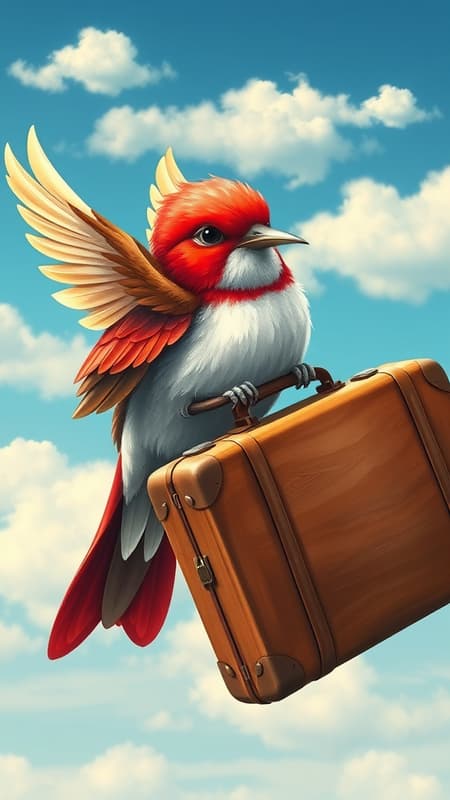 A logo for a travel website featuring a crimson bird adorned with ivory-tipped wings clutching a vintage suitcase, set against a cerulean sky dotted with fluffy clouds. The design embodies intricate artwork reminiscent of Beatrix Potter, with a charming cottagecore aesthetic. Rendered in 8K resolution, the scene is highly detailed and presented from a dynamic 45-degree angle, with a touch of whimsical and pastoral elegance.