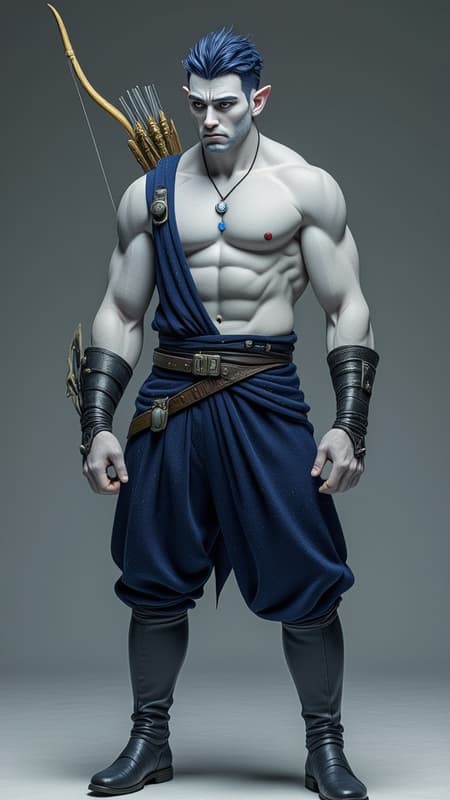 Faerie and Fantasy, The Dreaming. Elf. Moon Elf, pale white elf. Hypermasculine mature adult male. Short, stocky, wide shouldered, broad chested, narrow waist, sinewy, well defined. Strong, muscular. Pale white skin the color of snow, dusted in glittery moondust. Short length dark indigo-blue hair, short on sides and spiky on top. {{{SHORT HAIR, INDIGO BLUE HAIR}}}. Sparkling silver eyes, playful and cheery. Handsome rugged masculine face, strong brow and chin, cleft in chin. Indigo-Blue soul-patch on face below bottom lip. Sharp Elf ears. His skin is dusted in silvery glitter. Silver talisman with crystal quartz pendant around his neck. Navy blue sleeveless shirt unbuttoned to navel, revealing his chest. Silver arm bands above his biceps, silver earring in left ear, along with silver ear cuffs. Black leather fingerless gloves, black leather bracers on arms. Black leather belt around waist, silver and sapphire belt buckle. Navy blue rangers pants/tights, form fitting and smooth over powerful legs and bulge in groin. Soft gray boots, knee-high and slouchy/supple bucket boots. He holds a golden magical bow. He has a soft, silvery aura under moonlight, signifying elven magic. Full body pose, he is the archer, the Dream Archer. Faerie and Fantasy, The Dreaming. Elf. Moon Elf, pale white elf. Hypermasculine mature adult male. Short, stocky, wide shouldered, broad chested, narrow waist, sinewy, well defined. Strong, muscular. Pale white skin the color of snow, dusted in glittery moondust. Short length dark indigo-blue hair, short on sides and spiky on top. {{{SHORT HAIR, INDIGO BLUE HAIR}}}. Sparkling silver eyes, playful and cheery. Handsome rugged masculine face, strong brow and chin, cleft in chin. Indigo-Blue soul-patch on face below bottom lip. Sharp Elf ears. His skin is dusted in silvery glitter. Silver talisman with crystal quartz pendant around his neck. Navy blue sleeveless shirt unbuttoned to navel, revealing his chest. Silver arm bands above his biceps, silver earring in left ear, along with silver ear cuffs. Black leather fingerless gloves, black leather bracers on arms. Black leather belt around waist, silver and sapphire belt buckle. Navy blue rangers pants/tights, form fitting and smooth over powerful legs and bulge in groin. Soft gray boots, knee-high and slouchy/supple bucket boots. He holds a golden magical bow. He has a soft, silvery aura under moonlight, signifying elven magic. Full body pose, he is the archer, the Dream Archer.