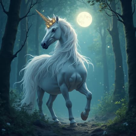 A majestic unicorn adorned with a crown of shimmering jewels glides gracefully through an enchanted forest, its ethereal mane sparkling under the moonlight.