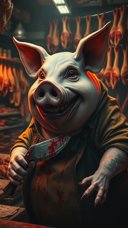 A grotesquely fat pig with a sinister grin and broken teeth operates a butcher shop filled with human parts in the background. It gazes eerily at the camera, clutching a bloody butcher's knife. The scene is bathed in warm, dramatic lighting, capturing a hyper-realistic and highly detailed atmosphere trending on art platforms. The pig wears blood-stained clothes amidst dramatic colors. Its body is imperfect with an elongated neck, and the anatomy is distorted with deformed fingers and extra limbs. The eyes are unsettlingly skewed, framed by collapsed eyeshadow and an unnatural face. The scene features an oversaturated palette, capturing the bizarre and eerie essence without any signatures or watermarks. A grotesquely fat pig with a sinister grin and broken teeth operates a butcher shop filled with human parts in the background. It gazes eerily at the camera, clutching a bloody butcher's knife. The scene is bathed in warm, dramatic lighting, capturing a hyper-realistic and highly detailed atmosphere trending on art platforms. The pig wears blood-stained clothes amidst dramatic colors. Its body is imperfect with an elongated neck, and the anatomy is distorted with deformed fingers and extra limbs. The eyes are unsettlingly skewed, framed by collapsed eyeshadow and an unnatural face. The scene features an oversaturated palette, capturing the bizarre and eerie essence without any signatures or watermarks.