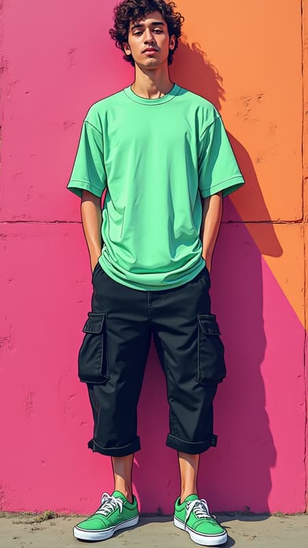 A whimsical digital illustration featuring a full-body portrait of a young man wearing an oversized mint green T-shirt and black capri cargo pants. His feet sport green Vans old school sneakers, complementing his laid-back style. The scene is set against a backdrop of a vividly colored wall, bursting with bold outlines and a lively palette of bright pink, neon green, and magenta hues. The artwork embraces a playful, cute cartoonish style, with charming exaggerated details and a sense of fun. The man's relaxed pose harmonizes with the vibrant energy of the background, creating an eye-catching and dynamic composition infused with youthful spirit.