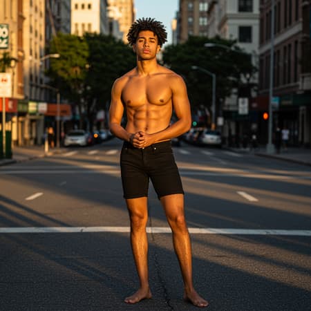 In the bustling cityscape, a striking young man stands poised in the late afternoon glow, his presence captivating. He is undeniably handsome, with a chiseled physique that speaks of his Mexican American heritage. Clad in form-fitting shorts, his attire accentuates his athletic build. His skin glows under the gentle touch of the sun, highlighting each perfect contour of his face and the impeccable symmetry of his hands. His short black curly hair catches the sunlight, creating a halo effect, while the golden rays play upon his naturally hairy legs, drawing attention to his bare feet planted confidently on the ground. An award-winning portrait photograph captured on Kodak Portra 800 film with a Hasselblad 500C and 55mm f/1.8 lens, the image boasts an extreme depth of field. The available light is masterfully harnessed to create a high contrast scene, rendered in Ultra HD and HDR, delivering breathtaking clarity and detail in 8K resolution.