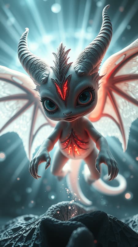 An extraordinary creature, possessing an enchanting and irresistibly cute appearance, yet concealing a profoundly malevolent soul, embodying the duality of good and evil. It draws from demonangel mythiccore with elements of white mysticcraft, set against a radiant and luminous background, creating an atmosphere of fallingcore. The scene is hyper realistic and meticulously detailed, featuring an awe-inspiring composition with hyper emotional and epic cinematic lighting. Rendered in breathtaking 32k UHD resolution, the imagery captures the ethereal and enigmatic nature of this dual-hearted being, crafted in the artistic style of Daz3D, reminiscent of a DamShelma masterpiece. Subtle creative flourishes enhance its celestial yet infernal essence, maintaining the profound conflict within.