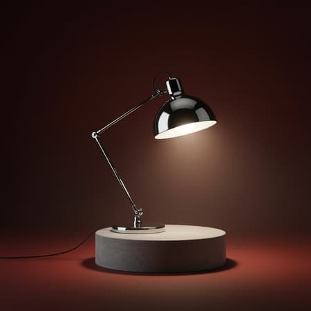 Illustration perspective view retro pop art style featuring a Louis Poulsen Panthella 250 table lamp in chrome, sleek and reflective. The lamp rests on a concrete cylinder podium within a photo studio setting, set against a deep foggy red background. Studio lighting emphasizes the contrast, with a square soft box providing illumination. The scene captures realism akin to golden hour sunlight with window frame shadows, highlighting the lamp's optimal shape. The composition is photorealistic and highly detailed, rendered in 8K UHD, focusing on raw style without strange shapes, text, or extraneous details, maintaining clarity and presence.