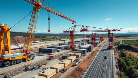 Capture detailed photographs of the bustling construction site of the dry port in Drogobich, highlighting the advanced machinery and skilled workers in action as they lay the foundation and erect steel structures. Emphasize the dynamism and scale of the project by showcasing cranes lifting heavy materials, workers collaborating efficiently in safety gear, and the intricate network of newly paved logistic pathways. Incorporate a backdrop of lush landscapes and clear blue skies to add contrast and vibrancy, illustrating the balance between industrial progress and natural surroundings, capturing the essence of innovation driving economic growth in the region. Capture detailed photographs of the bustling construction site of the dry port in Drogobich, highlighting the advanced machinery and skilled workers in action as they lay the foundation and erect steel structures. Emphasize the dynamism and scale of the project by showcasing cranes lifting heavy materials, workers collaborating efficiently in safety gear, and the intricate network of newly paved logistic pathways. Incorporate a backdrop of lush landscapes and clear blue skies to add contrast and vibrancy, illustrating the balance between industrial progress and natural surroundings, capturing the essence of innovation driving economic growth in the region.