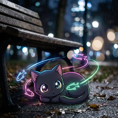 Professional photograph, close-up, highly artistic style, detailed black chibi anime cat lying under a park bench, watching with big awestruck eyes. neon streaks of colored lights drawn in the air with highlights in the shape of simple anime fish shapes swim by, as they create a swooping trail around the cat. Night, heavy bokeh particles. The environment is photorealistic. The cat and fish are vibrant 2D anime style.