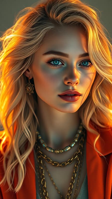 A captivating portrait of a blonde woman adorned in various outfits, blending dark aquamarine and light amber hues. This prismatic composition showcases a mashup of art styles, echoing the essence of whitcomb-girls and celebrity image fusions. Bathed in golden light, the image is rendered in exquisite 8k resolution with a raw, stylized approach, creating a dynamic and visually stunning masterpiece.