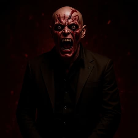 Psycho horror scene, intense atmosphere, ominous blood splatter, eerie Donnie Darko energy, sinister laughter echoing, striking dynamic pose, captivating immersive background, ultra high-resolution detail, 8k clarity, raw photo feel, hyperrealistic photography, dark and unsettling ambiance, mysterious shadows, chilling presence.