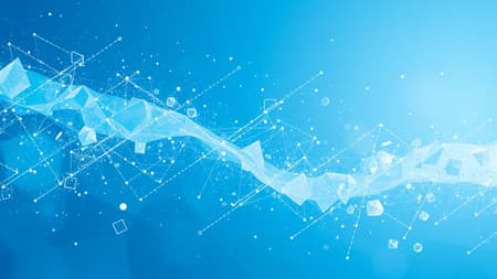 A serene abstract image dominated by light blue tones, interspersed with deeper blue shades and rich geometric patterns, features myriad floating elements in harmonious motion, captured in ultra-high-definition detail, creating a mesmerizing visual symphony without any text elements.