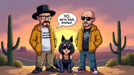 Breaking Bad Characters With Furry Girl In Desert A detailed, high-quality cartoon illustration of a Breaking Bad 2 poster, "NOW WITH FURRY GIRLS". Walter White and Jesse Pinkman are depicted in their iconic outfits. Walter wears a black fedora and glasses, a white t-shirt with the text "I have a gun and I'm schizophrenic.", and khaki pants. Jesse wears a yellow hoodie over a black t-shirt with a dragon design and blue jeans. Between them, a furry girl with dark grey fur, black tank top, sunglasses, and a thick gold chain crouches. She has prominent furry ears and paws. Jesse has a speech bubble saying "YO, we're back bitches!". The background is a desert landscape at sunset with prominent saguaro cacti and distant mesas. The sky transitions from purple to orange. Soft, warm lighting casts long shadows. The overall mood is humorous and slightly edgy.
