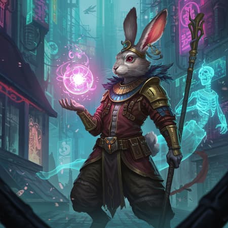A vibrant digital painting showcasing a rabbit delicately holding a radiant orb, set against a cyberpunk backdrop. This artwork draws inspiration from Tomasz Alen Kopera's fantasy style, featuring a detailed and textured skeleton warrior. The piece is infused with the essence of Beeple's artwork, combined with elements of a shaman witch and a wholesome techno-shaman lady. The composition includes a photo-realistic ghostly presence reminiscent of Anubis, enhancing the mystique. The painting, designed in ultra-high-definition 16k resolution, boasts vivid colors and HDR10 quality, reflecting a rich fantasy illustration. Minor creative adjustments offer uniqueness, maintaining clarity and detail while avoiding disfigurement or unintended duplications, ensuring the art is free from any low-resolution effects, artifacts, or watermark distractions.