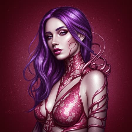 A woman adorned in pink metallic lace accentuates her appearance with vividly dyed purple hair, rendered in nuanced hues of deep white and rich burgundy. The composition resonates with the essence of process art, reminiscent of Mandy Jurgens' unique touch, incorporating elements of organic material and fluid body extensions. The artwork captures the essence of wet-on-wet blending, seamlessly merging tones of silver and maroon within the visual narrative.