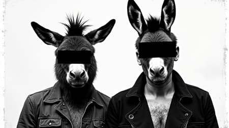 A vertical aspect album cover art. A gritty, black and white, high-contrast punk rock aesthetic image. Two individuals standing in a row, shoulder to shoulder (reminiscent of The Ramones). Shrek and Donkey. The image has a heavy, coarse halftone dot pattern and looks like a rough, underground zine photocopy. Both individuals have their eyes completely covered by thick black censor bars. Name of the band is 'SWAMP RIOT'. Raw, rebellious, and aggressive style.
