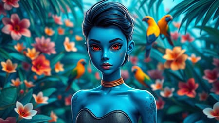 Fashion photography portrait of a blue-skinned humanoid figure in a vibrant blue jungle filled with exotic flowers and colorful birds, rendered in a 3D style with CGI aesthetics, using Octane Render. The composition is symmetrical and shot with a 35mm lens, creating a bokeh effect that enhances the dreamy atmosphere. Features include HDR imaging and a blend of cartoon-anime influences with sketch-like details. The subject has realistic skin texture with minor imperfections, giving a natural feel. Characterized as a young female with expressive red eyes, toned physique, and wearing a unique, fashion-forward outfit that complements the lush environment and whimsical charm of the scene.
