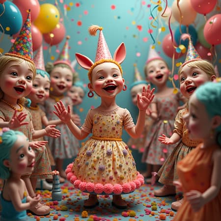 The composition is a vibrant celebration of hyper-maximalist techniques, bursting with an array of vivid details and embellishments. The foreground teems with a multitude of objects and symbols, each adding to the atmosphere of joy and playfulness. With balloons, confetti, streamers, and party hats, the scene is a kaleidoscope of color and movement. The image evokes a 3D, CGI effect using octane render, capturing a doll-like quality. Despite the low resolution and presence of jpeg artifacts, the whimsical nature shines through. There is an intriguing, albeit chaotic, blend of malformed, deformed, and mutated figures, with extra limbs, fingers, and elongated necks adding to the surreal charm. Faces and hands might appear poorly drawn or blurred, contributing to a peculiar and fascinatingly distorted spectacle.