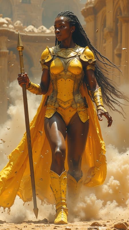 super-hero. female, African woman. Tall, slim but strong and curvy, sinewy. Athletic, warrior, fighter. Beautiful face, high cheekbones, dark brown  skin, smooth and luxurious. Large, dark eyes, black and liquid. Long  black braids that are usually tied back with a golden cord/hair holder. She wears a golden sandy colored bodysuit, the sides cut out of the legs and arms and laced with golden straps. Around her waist is a metallic gold corset and belt, along with small shoulder guards of the same color. There are metallic gold bracers on her arms and a gold metal circlet around her head. Over her shoulder is a short yellow-gold cape with a cheetah print. Her knee-high boots are also yellow-gold with cheetah print. Her boots have very low heels and are made for running across the Serengeti Plains. She runs as fast as a cheetah. She carries a strong, wooden bo staff as a weapon. She carries herself like the African princess that she is, but she is free spirited. Full body pose, fighting stance with bo staff. 
