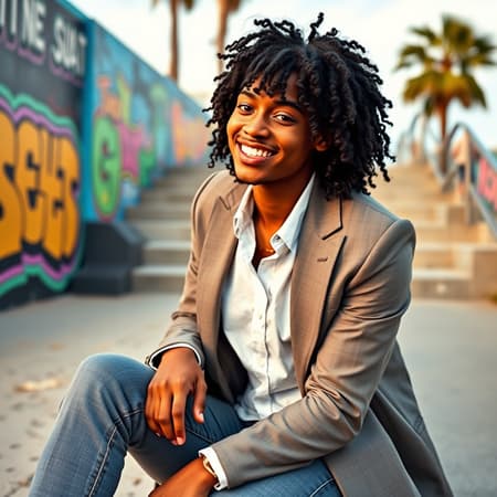 FlorencePugh3 Half-Up Half-Down hairstyle with black hair captures the essence of versatility, showcasing a blend of elegance and playfulness by keeping the top half pulled back while the rest flows freely. Ideal for school or social gatherings, it's both stylish and practical. The Sitting/Leaning Pose involves finding the perfect spot, like a bench or staircase, to relax and let your natural charm shine through, adding an effortless vibe to your photos. Embrace the Casual-Chic style with essentials such as fitted jeans, a white button-down, and a tailored blazer, enhanced by statement accessories or trendy sneakers for a sophisticated yet laid-back look. Venice Beach's vibrant setting offers amazing photo opportunities, from colorful graffiti walls to palm-lined backdrops and sandy shores with an ocean breeze. Shot in ultra-high resolution with real shadow effects, photographed using a Canon EOS R6, 135mm lens, 1/1250s, f/2.8, ISO 400. The scene includes a smiling male with curly afro hair and bangs, capturing a joyful moment with a touch of CyberRealistic style, omitting distracting elements and focusing on pure, genuine expression.