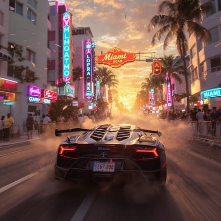 On a radiant sunny day, the sky ablaze with the hues of a stunning sunset, a sleek sports car speeds through the cyberpunk streets of Miami. Neon signs flicker vibrantly amidst crowds of cheering spectators. Confetti swirls in the air, mingling with dust kicked up by the car's momentum. Winds whip past as trails of volumetric fog create an electrifying ambiance, turning the scene into an epic spectacle of motion and color, captured through the lens of an action camera.