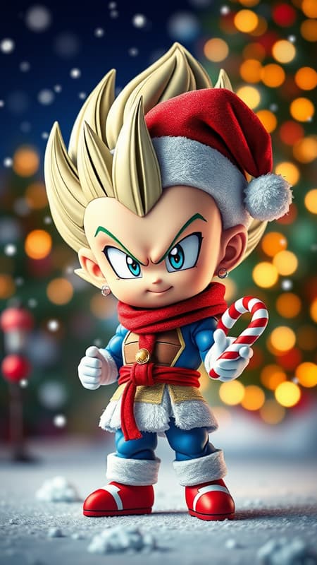 Chibi Vegeta wearing a festive holiday outfit with a Christmas-themed twist, complete with a miniature Santa hat and candy cane accessories, captured in a vibrant 3D style, looking both fierce and adorable amidst a backdrop of twinkling lights and snowflakes.