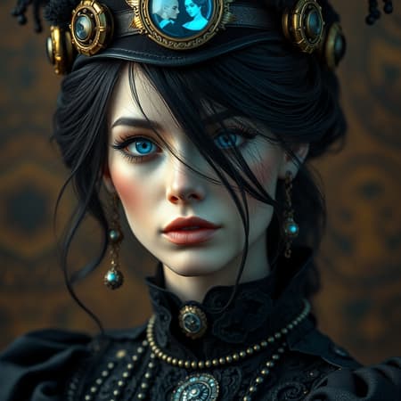 Steampunk princess with alabaster skin and raven hair, intricate facial details highlighted by vivid azure hues, wearing an elegant black dress and ornate hat, ultra-high definition, high dynamic range, 8K resolution.