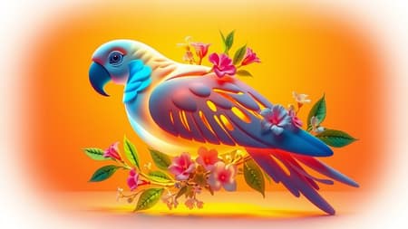 A luminous 3D form of a parrot, its shape abstract and fluid, intertwined with vibrant foliage and delicate flowers, casting a soft glow against a warm, orange background. A luminous 3D form of a parrot, its shape abstract and fluid, intertwined with vibrant foliage and delicate flowers, casting a soft glow against a warm, orange background.