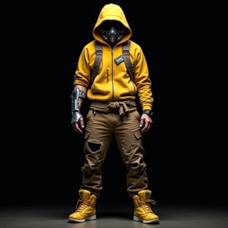 A futuristic character stands out against a black background, dramatically emphasizing their unique blend of advanced technology and rugged attire. The character sports a vibrant yellow hoodie with a robust, weathered texture, featuring practical zippers and straps that hint at its durability. Their pants, made of coarse, earth-toned fabric, are intentionally torn, evoking a sense of survival in a harsh, perhaps post-apocalyptic world. A hand-tied fabric belt adds a artisanal touch, highlighting the character's ingenuity. The character's left arm is a marvel of advanced technology, showcasing detailed wires, sleek metallic joints, and intricate panels, suggesting either a prosthetic or augmented capabilities. A metallic brace safeguards the knee, seamlessly integrating with the technological theme. On their feet are modern, yellow high-top sneakers, inspired by athletic shoe designs, offering a sleek and stylish contrast to the rugged ensemble.