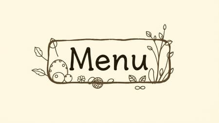 An earthy-themed menu button icon in the style of a hand-drawn sketch, inspired by Marc Chagall's dreamy art, featuring a harmonious blend of natural elements. The design is set against a soft beige background, exuding a warm, organic feel suitable for a nature-inspired website.