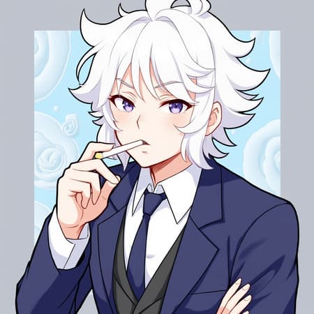 A stylish illustration of a man with striking white hair, smoking with an air of sophistication, his sharp eyes reflecting a gentle demeanor. He dons a sleek suit, exuding a combination of elegance and intrigue. The artwork is influenced by digital artists like Yanjun Cheng, Beeple, Rhads, and Lois van Baarle, featuring a cartoon-like style with bright pastel colors. The composition evokes the charm of a retro anime character, with modern elements and a touch of surrealism. His confident yet calm presence is accentuated by subtle creative details, making the piece both timeless and contemporary.