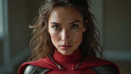 Character Dressed Superhero Artwork A female character dressed as a daring superhero stands confidently in a portrait-style photograph, gazing directly at the viewer. Her attire, inspired by classic comic book heroes, is rendered with detailed textures and realistic materials. The image is captured with sharp focus and cinematic lighting, showcasing her piercing eyes and meticulously detailed skin in 8k resolution. The composition includes a shallow depth of field and diffused soft lighting enhancing the hyper-realistic and photo-realistic presentation. The background is subtly blurred to emphasize her presence. The overall scene is captured in High detail RAW color, with attention to maintaining natural anatomy and proportions, avoiding any distortions or unrealistic features.