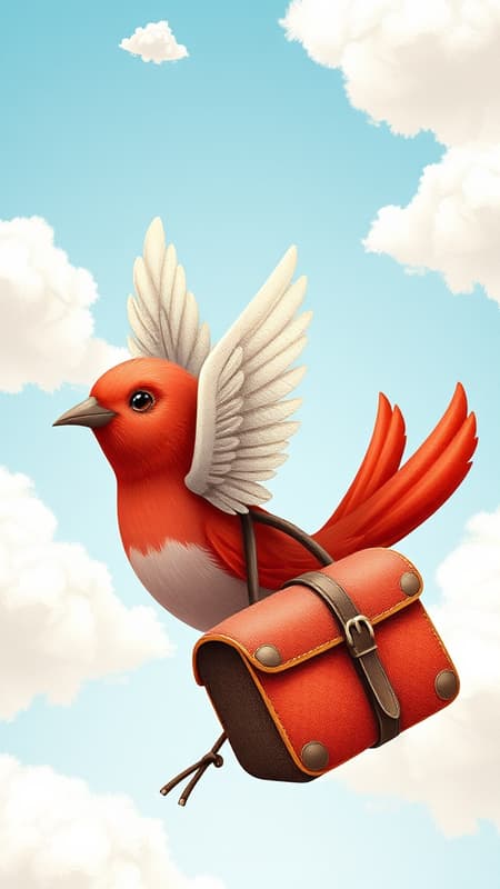 Design a logo for a travel website featuring a red bird with delicate white wings carrying a vintage travel bag, set against a backdrop of a pale blue sky dotted with fluffy white clouds. The composition is inspired by the intricate, charming style of Beatrix Potter, capturing a cottage-core aesthetic. This highly detailed artwork is rendered in 8K resolution, presented from a dynamic 45-degree angle to emphasize depth and movement, with a whimsical yet elegant feel, maintaining an aspect ratio of 2:3.