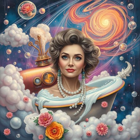 Portrait of an experienced woman in an atompunk style set against a vivid backdrop that merges elements of a bathtub boat and a futuristic train submarine. Surrounding her are ethereal bubbles and fluffy clouds, merging seamlessly with a cosmic expanse of space and swirling galaxies reminiscent of milk and fire. The scene is infused with whimsical swirls and magical paint effects, adorned with cascading polka dots and blooming flowers, creating a dreamlike fusion of styles and textures.