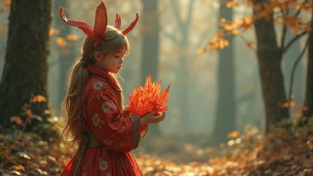 A young anime character stands in a serene forest glade, holding a piece of paper intricately shaped into an elegant, lifelike animal, vibrant with red and brown hues. The character's costume is richly detailed, reminiscent of Luke Fildes' artistry, blending seamlessly into the natural surroundings. The scene captures Max Rive's grand landscapes, bathed in the soft, ethereal glow of Cinestill 50d lighting, enhancing the realism. The atmosphere is infused with the avant-garde spirit of Tarō Okamoto, reflecting a raw, artistic style. The overall composition immerses the viewer in a world where art and nature harmoniously coexist.
