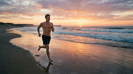 Brad Pitt running shirtless on a beach at dawn, athletic build, ocean waves in background, cinematic wide shot, fitness lifestyle photography