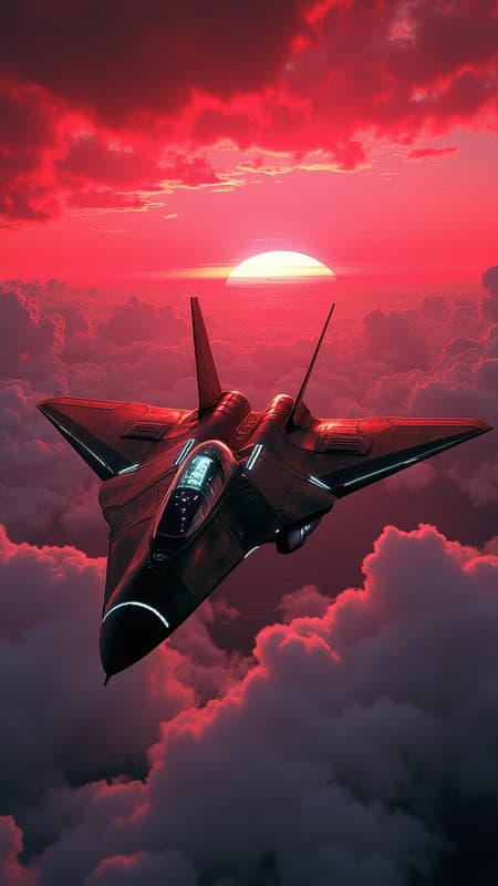 in the style of ck-mgs, A digital artwork in the style of cknc, 80s fantasy movie, a futuristic, highly advanced stealth fighter flying rapidly through the sky. The fuelage is made of a dark gunmetal alloy and  the cockpit shows glowing led lights, and has a large air intake.  The sky has dark clouds, and is a surreal red, sunset