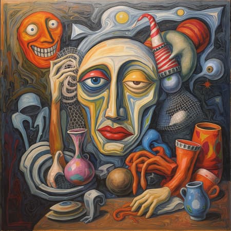 Abstract surrealism featuring distorted forms and vivid colors, echoing the essence of Picasso's playful yet tumultuous style, with an emphasis on whimsical transformations and bizarre juxtapositions. Imagined universe where objects blend and morph unpredictably, evoking a sense of disarray and otherworldly beauty, bathed in a rich, dynamic color palette.