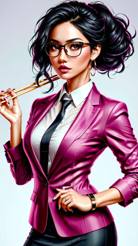 Psychiatrist and psychologist to super-heroes. She is also a psychic and telepath, which greatly aids her in her work. She has a fun, humorous and open personality which allows people to let their guard down and really be honest and open with her. she is part Asian and Jewish, so she has a very mixed heritage. Tall, slim but curvy, fit, strong. She has long black hair that she usually keeps held in a bun with 2 chopsticks, curly banngs falling to one side of her face. The chopsticks pay homage to her Asian half. She has almond shaped eyes that are Hazel in color. She wears moderate make-up, and a pair of glasses that are lightly tinted purple. Her face is pretty and friendly, warm and inviting. Shevusually wears a white button-down shirt with her favorite maroon blazer on top of it. A black pencil skirt with sheer black pantyhose. A pair of patent leather high heels on her feet. Simple gold jewelry such as small hoop earrings and bangle bracelets complete her look. You can usually find her in her office either meditating or helping a client. She ALWAYS has a clipboard in hand. Full body pose. Psychiatrist and psychologist to super-heroes. She is also a psychic and telepath, which greatly aids her in her work. She has a fun, humorous and open personality which allows people to let their guard down and really be honest and open with her. she is part Asian and Jewish, so she has a very mixed heritage. Tall, slim but curvy, fit, strong. She has long black hair that she usually keeps held in a bun with 2 chopsticks, curly banngs falling to one side of her face. The chopsticks pay homage to her Asian half. She has almond shaped eyes that are Hazel in color. She wears moderate make-up, and a pair of glasses that are lightly tinted purple. Her face is pretty and friendly, warm and inviting. Shevusually wears a white button-down shirt with her favorite maroon blazer on top of it. A black pencil skirt with sheer black pantyhose. A pair of patent leather high heels on her feet. Simple gold jewelry such as small hoop earrings and bangle bracelets complete her look. You can usually find her in her office either meditating or helping a client. She ALWAYS has a clipboard in hand. Full body pose.