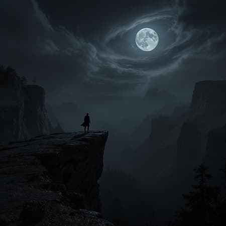 A mysterious and cinematic landscape featuring a solitary figure standing on the edge of a rugged cliff, gazing out over a shadowy and foreboding valley. The figure is silhouetted against a dramatic expanse of swirling clouds, with a full moon casting an ethereal glow across the scene. Below, the valley is cloaked in darkness, revealing glimpses of gnarled trees, jagged outcrops, and sinuous ravines that wind through the murk. The landscape is imbued with a dark and moody atmosphere, exuding a palpable sense of intrigue and unease, captured in stunning detail.