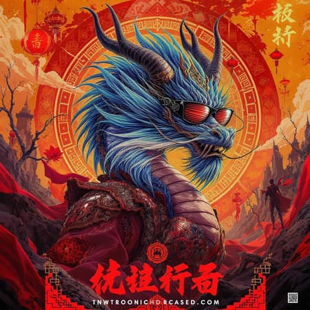 Poster Blue A vibrant poster showcasing a magnificent blue dragon adorned with sleek sunglasses, set against a surreal, post-apocalyptic landscape infused with orient-inspired motifs. The background is bathed in hues of light orange and red, creating an atmospheric sense of Chinapunk. The dragon's scales are intricately detailed, reflecting meticulous craftsmanship, while it wears ornate, elaborate costumes that blend traditional and futuristic elements. The scene is captured in ultra-high definition, bringing out every nuance of the elaborate design. This imaginative artwork takes on a vertical aspect ratio of 73:128, embracing a highly stylized and detailed vision.