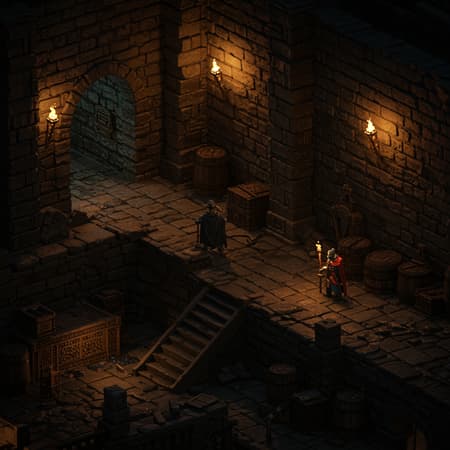 High-resolution pixel art depicting an underground dungeon scene, illuminated by flickering torches casting dynamic shadows across stone walls. Set during night, the ambiance is mysterious and foreboding. The intricately detailed setting exudes an Elden Ring-inspired atmosphere, with meticulously crafted textures and vibrant colors in 4K quality, exemplifying the pinnacle of pixel artistry.