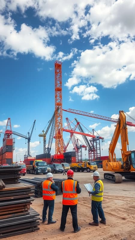 Photograph the bustling activity of the Drogobych dry port construction site, capturing cranes lifting cargo containers against a backdrop of cranes and scaffolding, workers in safety gear coordinating logistics amidst stacks of steel beams, and engineers examining blueprints beside excavators moving earth, with a focus on the dynamic interplay of industrial machinery and human effort under a panoramic sky. Photograph the bustling activity of the Drogobych dry port construction site, capturing cranes lifting cargo containers against a backdrop of cranes and scaffolding, workers in safety gear coordinating logistics amidst stacks of steel beams, and engineers examining blueprints beside excavators moving earth, with a focus on the dynamic interplay of industrial machinery and human effort under a panoramic sky.